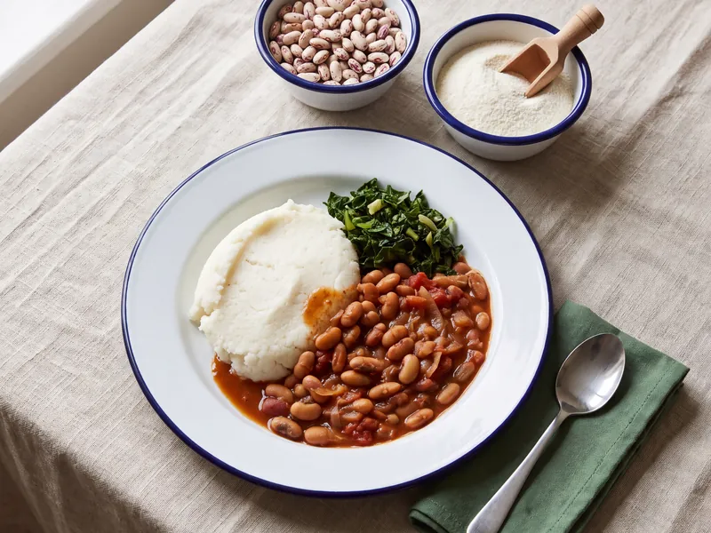 Pap with sugar bean stew and greens on an enamel plate