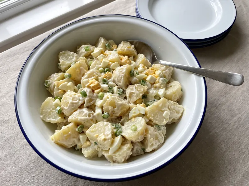 A large bowl of potato salad with egg and spring onion