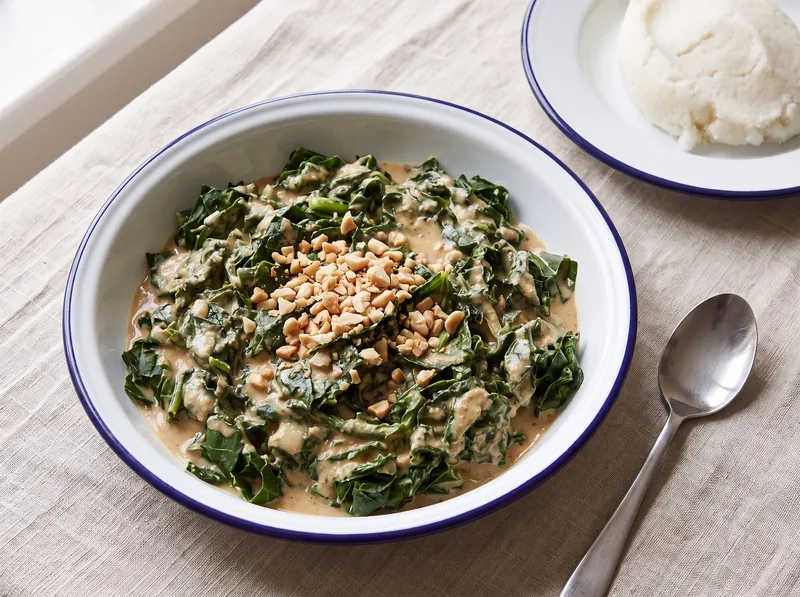 Leafy greens in a peanut sauce with pap on the side