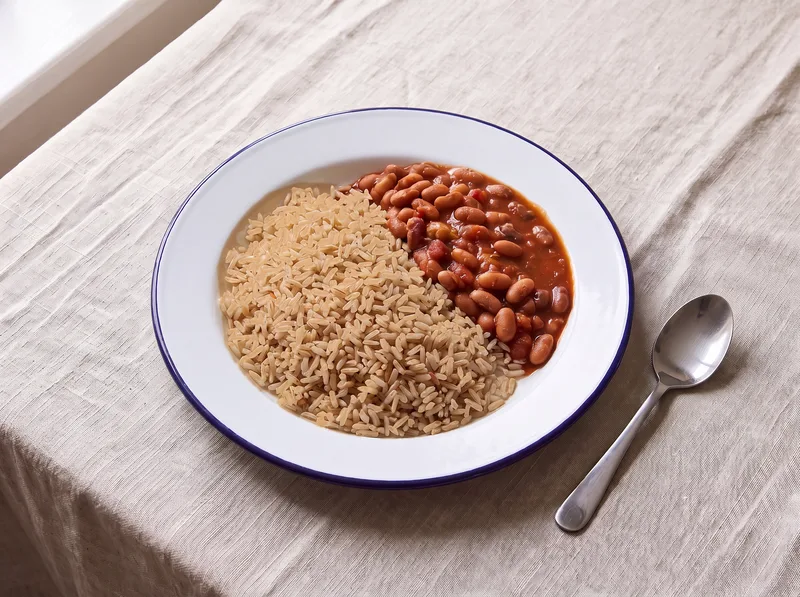 Brown rice with sugar bean stew on an enamel plate
