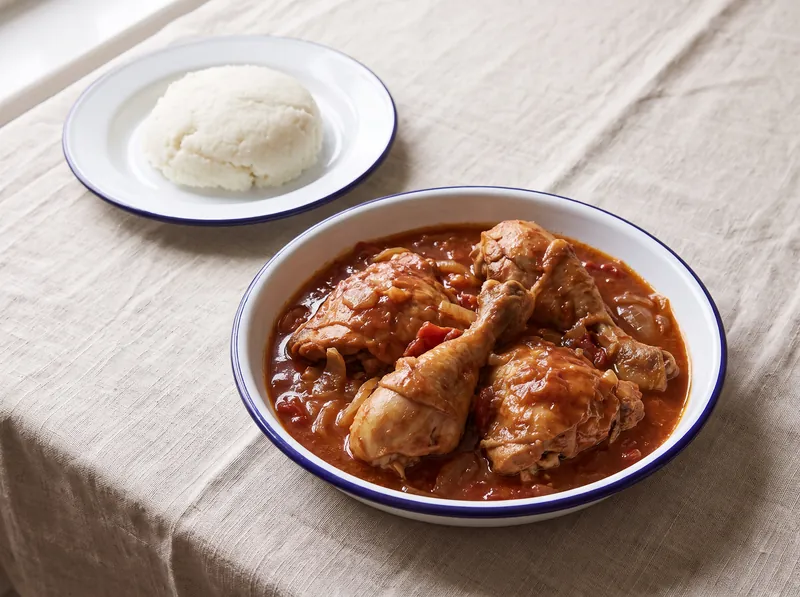 Road runner chicken stew in a tomato and onion gravy, served with pap